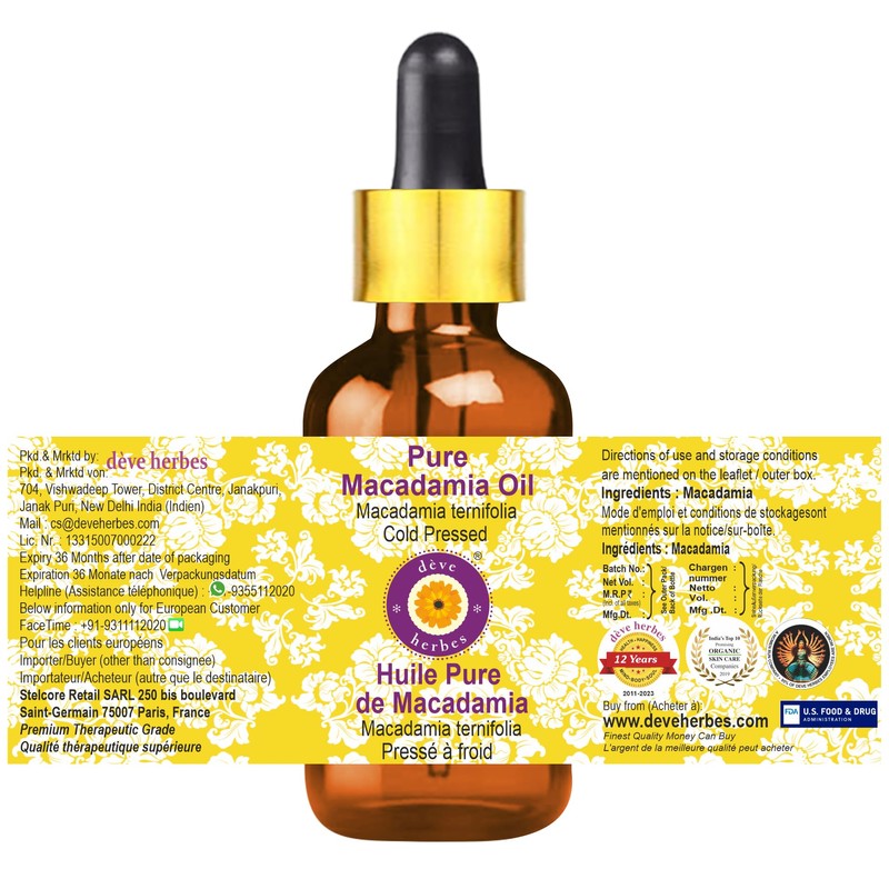Deve Herbes Pure Macadamia Oil (Macadamia ternifolia) with Glass Dropper