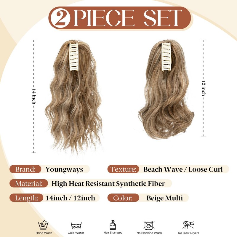 2 PCS Ponytail Extensions Claw Clip Short Pony Tails Wavy