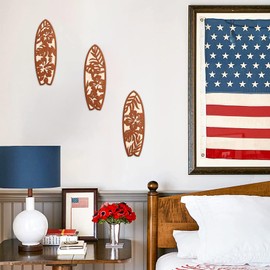 COLOR VALLEY ART 3 Pieces Hibiscus Surfboard Decor for Bedroom Wooden Beach Wall Decor Summer Wood Surfboard Wall Hanging Sign for Tropical Living Room Decoration, 4''Lx12W''*3 (Brown)