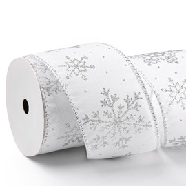 19.68ft Snowflake Glitter Wired Ribbon Christmas Satin Ribbon with Silver Glitter Snowflake Ribbon for Christmas Gift Wrapping Wreath Tree DIY Crafts Home Decoration