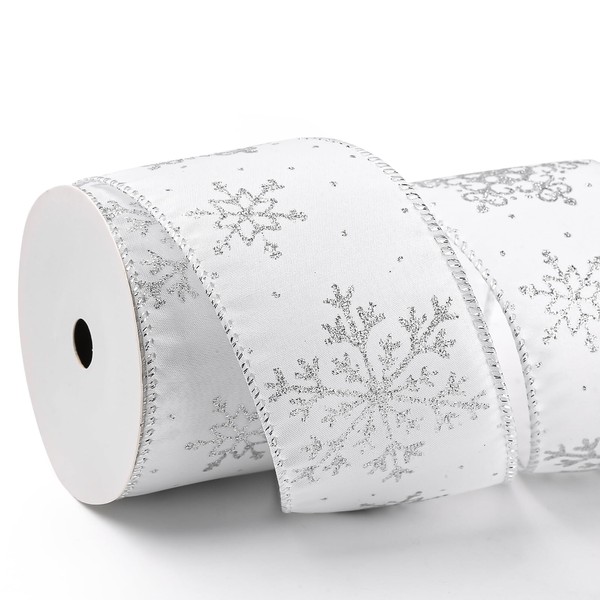 19.68ft Snowflake Glitter Wired Ribbon Christmas Satin Ribbon with Silver