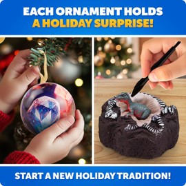 Blue Marble Science Surprise Christmas Ornament Dig Kits – 4 Ornaments with Mini Gemstone and Dinosaur Dig Bricks, Includes Digging Tools and Learning Guide