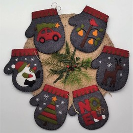 Charcoal Mittens | Felt Applique Christmas Ornament Kit | 6 DIY Christmas Ornament Mittens | 4" x 4.5"