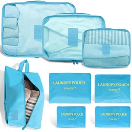 8 Set Packing Cubes for Travel Luggage Packing Bags Reusable Waterproof Suitcase Organizer Cubes Set with Shoe Bag and Toiletry Bag (Sky Blue)
