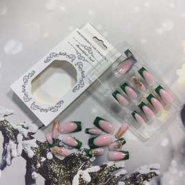 French Tip Press on Nails Coffin Fake Nails with Designs Glossy Gold False Nails Green Nails Press on Acrylic Nails Cross Glue on Nails Marble Stick on Nails Summer Spring Wedding Nail Art for Women