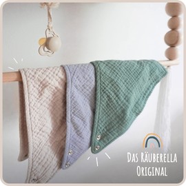 Räuberella 3 Muslin Scarves 100% Cotton Triangular Scarf Burp Cloth Drool Bib Neckerchief 0-18 Months, Green, beige, blue-grey