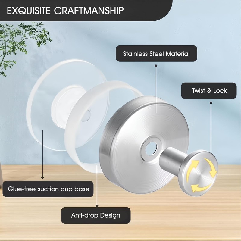 HYSDFCAZM Stainless Steel Glue-Free Suction Cup Hooks, Waterproof & Rustproof,