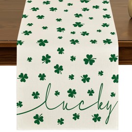 St. Patrick's Day Lucky Shamrock Table Runner 13x72 Inch Spring Holiday Clover Beige Kitchen Dining Table Decor for Indoor Outdoor Farmhouse Home Party Decoration ZQ88