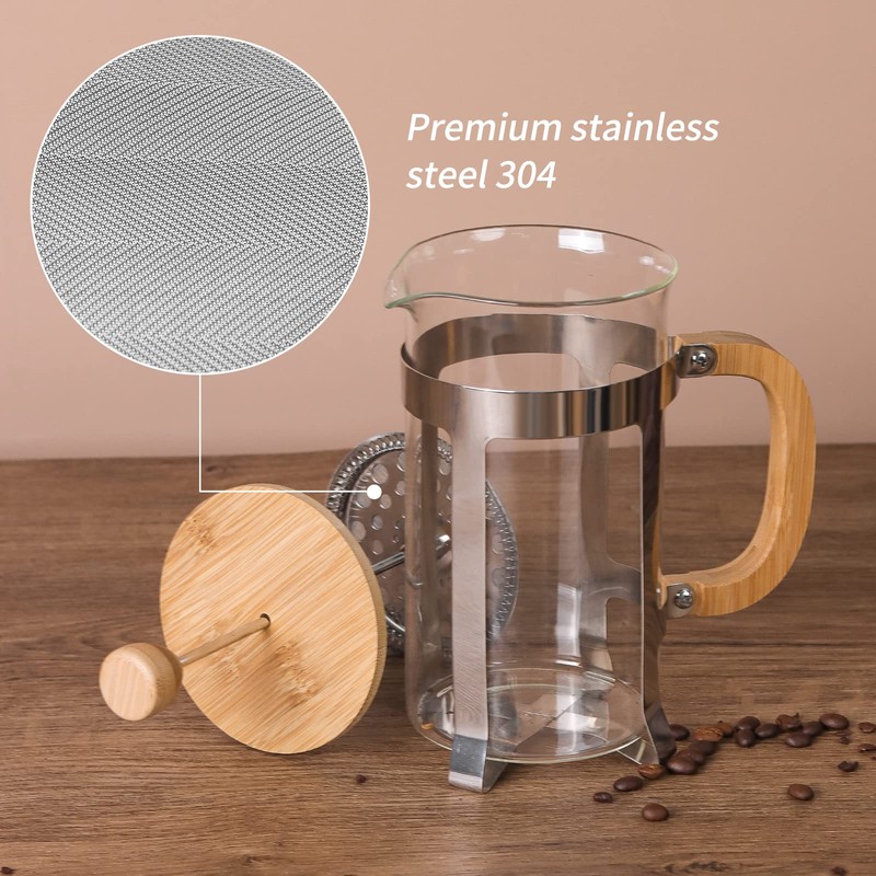 Sivaphe 34 OZ Bamboo French Press Stainless Steel High Borosilicate