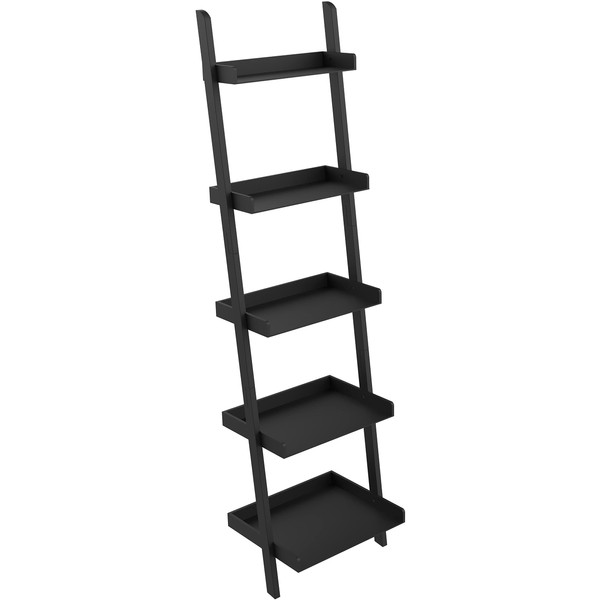 Ballucci 5-Tier Ladder Shelf, Modern 67" Tall Wood Leaning Shelf Organizer for Living Room, Bathroom, Office, Bedroom - Black