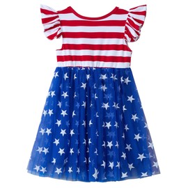 Beganly 4th July Girls Dress USA Independence Day Outfits Baby Toddler Tulle Tutu Red White Blue Star Stripes Ruffle Sleeves Bow Princess Party Dresses American Flag 110
