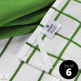 UniQloth Set of 6 Assorted Waffle Kitchen Dish Towels 100% Cotton - Soft Absorbent Quick Drying Table and Kitchen Linen - Tea Towels and Cleaning Towels with Hanging Loop - Dish Towels 15x25 Green