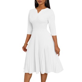 CLOCOR Midi Dresses for Women Fit and Flare A-Line Pleated Dress 3/4 Sleeve V Neck Church Cocktail Wedding Guest Dress White XL