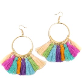 Honbay 1 Pair of Colorful Bohemian Big Circle Fan Shape Tassel Earring Fashion Dangle Drop Earring
