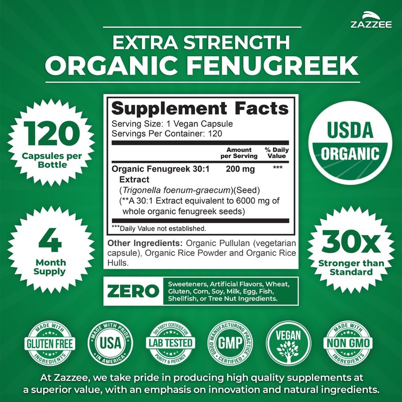 Zazzee USDA Organic Fenugreek 30:1 Extract, 6000 mg Strength, 120