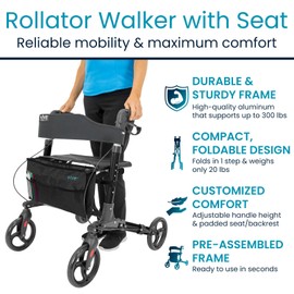 Vive Mobility Rollator Walker - Folding 4 Wheel Medical Rolling Walker with Seat & Bag - Mobility Aid for Adult, Senior, Elderly & Handicap (Midnight Black, Black Bag)