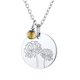 Birth Flower Disc Necklaces for Women Girls with November Birthstone Topaz Chrysanthemum Guardian Month Floral Pendant Stainless Steel Dainty Round Coin Medal Jewelry Birthday Gifts for Mom