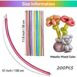 Lumjoy 200Pcs 260Q Long Balloons Chrome Metallic Assorted Mixed Color Thickening Skinny Latex Twisting Animals Modeling Magic Balloons for Weddings Birthdays Clowns Christmas Party Garland Decorations