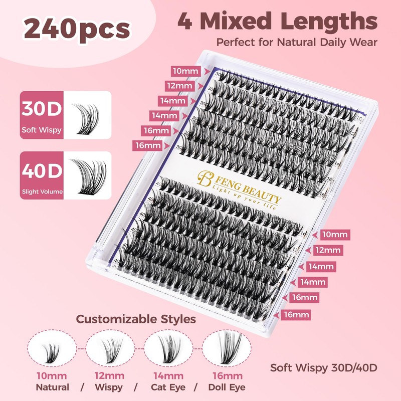 Eyelash Clusters Kit Natural, 240PCS 30D 40D Mixed Lengths 10–16mm,