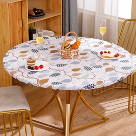 KONUO PO Tablecloth Circular Vinyl-Lined Flannel Tablecloth with Elastic Edge Design, Waterproof, Oil Resistant, wipeable and Reusable (Leaves, for Up to 57-65 Inch Round Table)