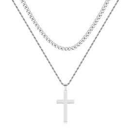 JEMARA 2Pcs Sliver Chains for Men,Mens Silver Cross Necklace Chain,Stainless Steel Plain Cross Pendant Cuban Link Chain/Rope Chain for Men Jewelry Gifts 18-24 Inch