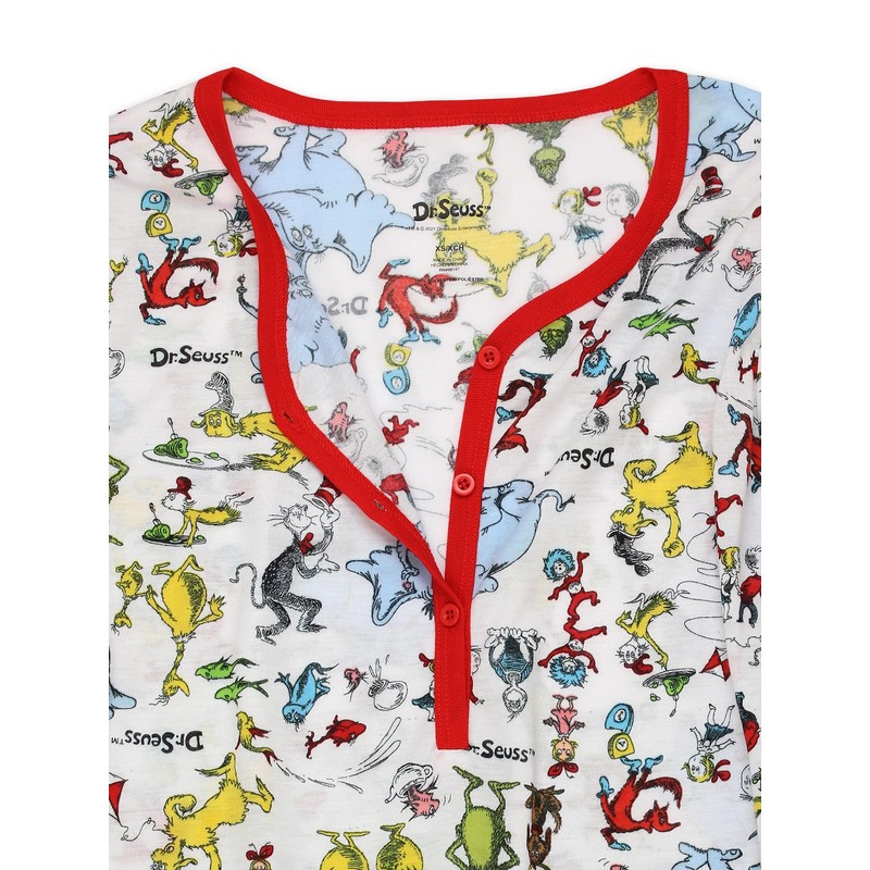 Dr. Seuss Women's Long Sleeve Henley Dorm Nightgown Sleep Dress