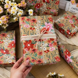 Burymento Kraft Daisy Flowers Wrapping Paper, Cut Auxiliary Line Design Gift Wrap for Baby Shower, Birthday, Valentines, Mothers day, Graduation, Wedding, Fathers day, Christmas (17 Inch X 32.8 Feet)