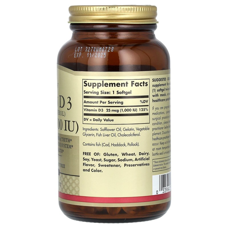 Solgar Vitamin D3 (Cholecalciferol) 25 MCG (1000 IU), 250 Softgels