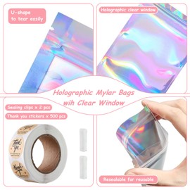 150-pack 4 x 6 in Holographic Mylar Bags with Clear Window Resealable Foil Pouches for Food Storage Smell Proof Edible Packaging Zip Bag for Cookies, Jewelry and Small Business, Thank You Stickers