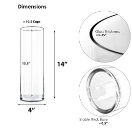 CYS Excel Clear Glass Cylinder Vase (H:14" D:4") | Multiple Size Choices Glass Flower Vase Centerpieces | Hurricane Floating Candle Holder Vase