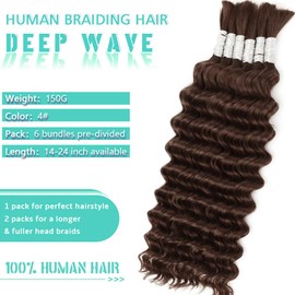 Human Braiding Hair for Boho Braids Bulk Human Hair 150g 20 Inch Curly Boho Hair for Braiding Knotless 12A Deep Wave Bohemian 6 Bundles/Pack Wet and Wavy Chocolate Brown 4#