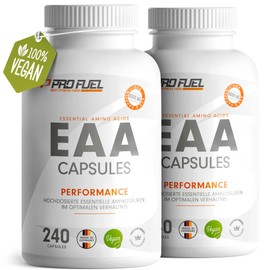 EAA Capsules High Dose 2 x 240 Giga Caps Each with 1000 mg EAA (Vegan) - Optimised Multi-Amino EAA Pattern (Human Code Profile) - No Additives - Made in Germany - 100% Vegan ProFuel