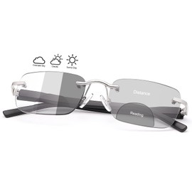 PEEPAI Photochromic Bifocal Reading Glasses Spring Hinge Rimless Sunglasses Computer Anti Blue Light Glare UV Ray Filter Eyeglasses 2.5