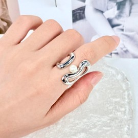 Kokoma Minimalist Wrap Finger Ring for Women Pearl Open Statement Ring Stacking Band Rings Eternity Promise Rings Comfort Fit Fashion Jewelry