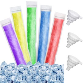 300 Pieces Disposable Ice Mold Bags 8.7 x 2.4 Inch Mold Bags Homemade Ice Lolly Bags with 3 Funnels Freeze Snacks Freezer Tubes for Healthy Snacks Juice Fruit Smoothies Yogurt Ice Cream