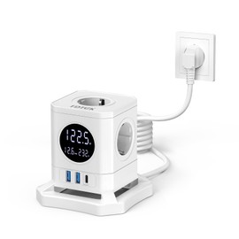 FDTEK Socket Cube with LED Screen, Real-time Power Measurement, 8-in-1 Multiple Socket Cube 4000 W, 4-Way Power Strip with 3 USB, Multiple Plug Switch for Office, Home