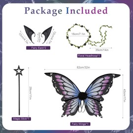 Snycler Fairy Wings for Adults and Girls，Fairy Costume Set with Floral Garland, Fairy Hair Tinsel, Wand & Elf Ears Butterfly Wings – Ideal for Cosplay, Party, Purple