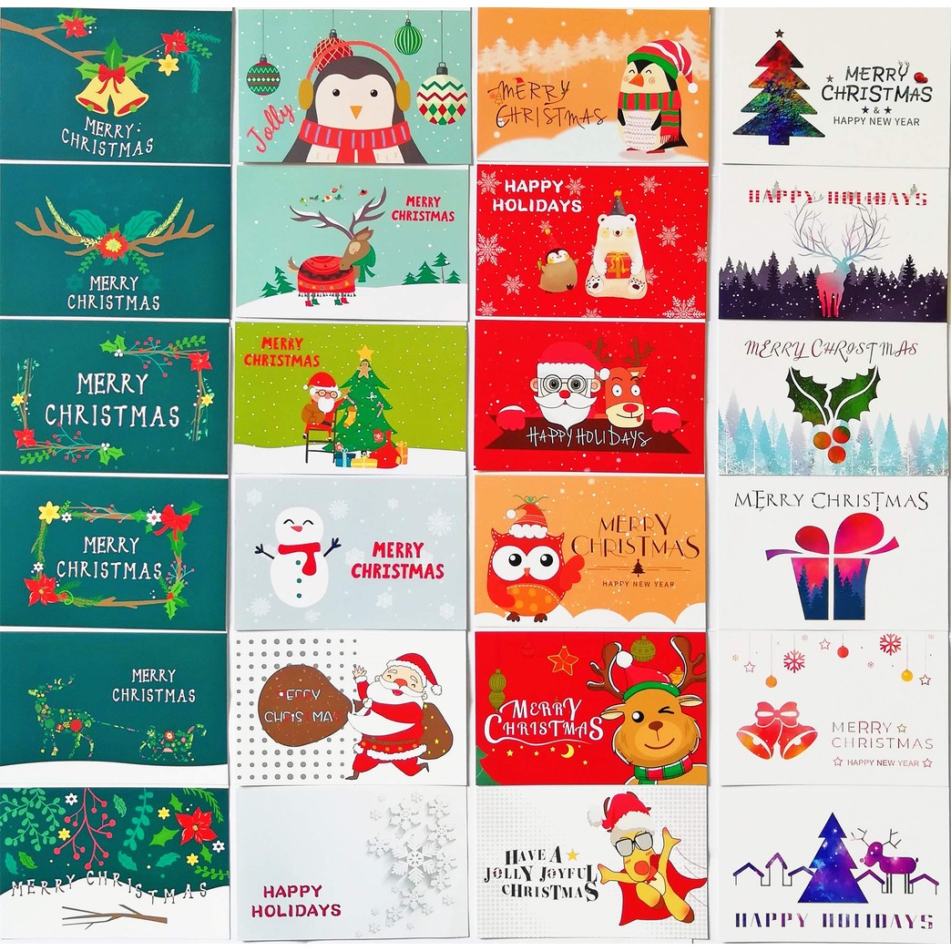 Christmas Cards with Envelopes, 24 Pack Holiday Cards with Christmas Card Stickers, 24 Assorted Designs MERRY CHRISTMAS and HAPPY HOLIDAYS - 4" x 6"