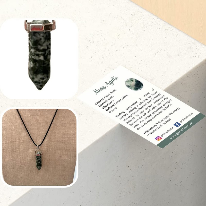 VIE Double Point Pencil Pendant, Black String (Moss Agate)