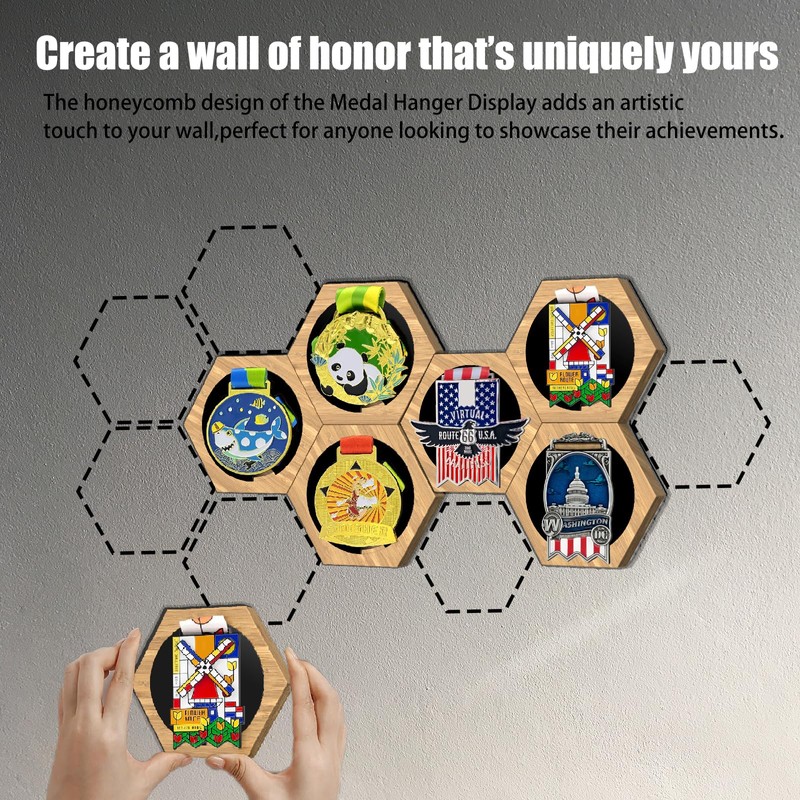 MLCLL Medal Hanger Display - Honeycomb Design, Bamboo Medal Holder,