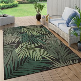 Indoor & Outdoor Rug Flat-Weave Jungle Floral Palm Trees Design Black Green, Size: 5'3" x 7'7"