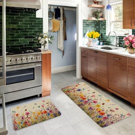 Spring Summer Kitchen Mats for Floor 2 Piece, Colorful Floral Spring Kitchen Rugs Sets of 2 Non Slip Washable Indoor Home Decor