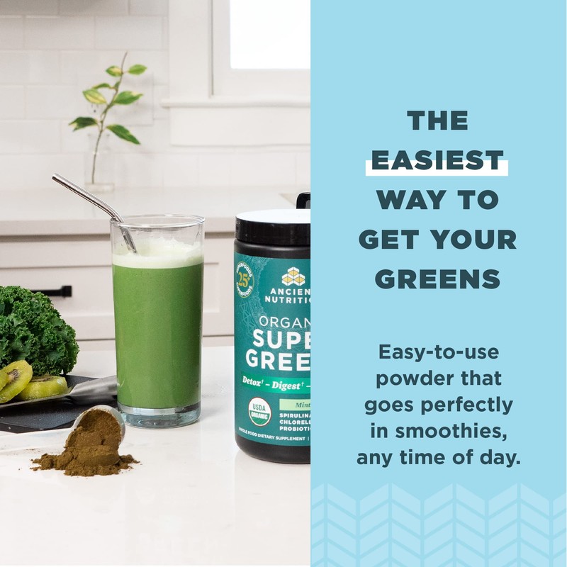 Ancient Nutrition SuperGreens Powder with Probiotics, Organic Peppermint Flavor Greens,