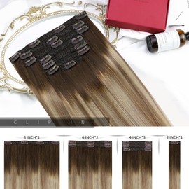 Moresoo Clip in Hair Extensions Human Hair Ombre Clip in Extensions Balayage Brown to Light Brown with Golden Blonde Remy Hair Extensions Human Hair Clip in Double Weft 18Inch 7 Pieces 120G