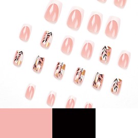Press on Nails French 24Pcs Glossy Full Cover Medium Artificial Square False Nails with Black Leaf Gold Glitter Designs Glue Stick on Fingernails with Charm for Women Coffin Acrylic Fake Nails Sets