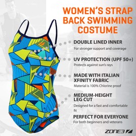 ZONE3 Women's Prism 2.0 Strap Back Swimming Costume, Blue/Yellow, 28