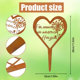 Mindu Grave Decoration Weatherproof - Grave Stake Heart with Saying "Für immer in unseren Herzen" - Rust Look Grave Decoration with Dandelion Motif - Grave Decoration Heart for Garden & Cemetery