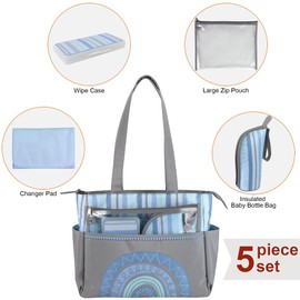 Rainbow Diaper Bag Tote 5 Piece Set with Changing Pad, Insulated Bottle Holder, Wipes Case, Pouch for Baby Girl, Baby Boy (Blue Tote)