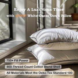 HYVIF Set of 2 Luxury Hungarian Goose Down Pillows - 750 Fill Power, 460 Thread Count Cotton Blend Shell - Ultra Soft Bed Pillows for Sleeping - 2 Pack, Standard (20" x 26")