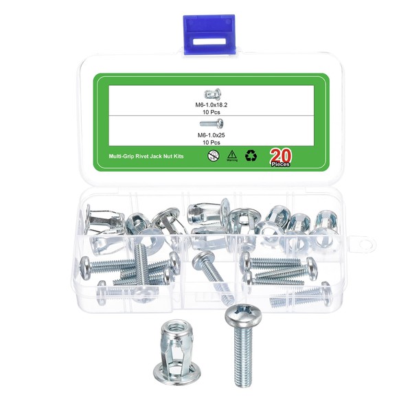 sourcing map 20Pcs Multi-Grip Rivet Jack Nut, M6-1.0x18.2 Carbon Steel